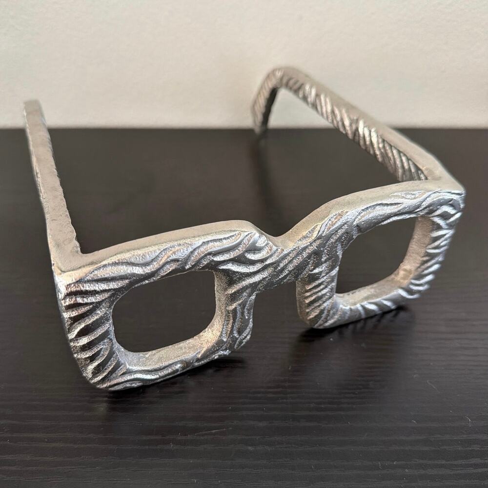 Metal Decorative Eyeglasses Sculpture Stylish Buffed Aluminum Hammered Finish